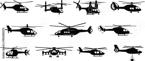Collection of various helicopter silhouettes in different angles and positions