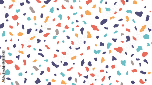 Vibrant terrazzo seamless pattern with colorful stone fragments scattered on a white background for interior design.