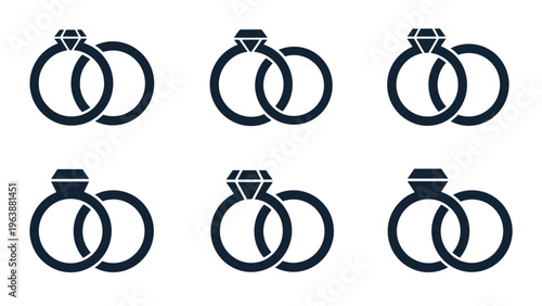 Set of interlocking wedding ring icons with diamond details representing love marriage and commitment ceremonies.