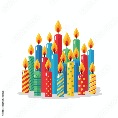 A vibrant group of lit birthday candles in various colors and patterns