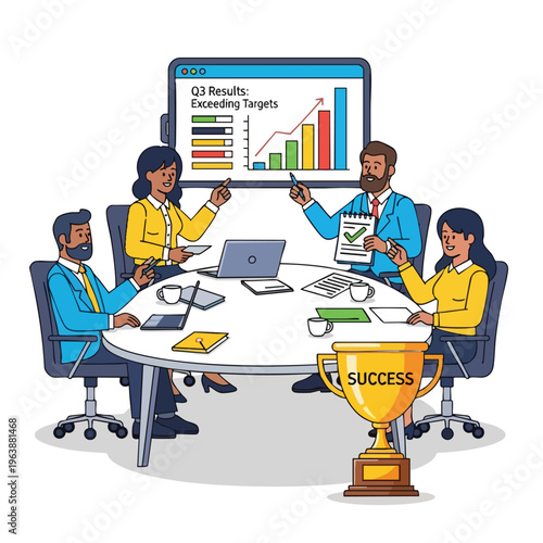 Four people in meeting around a table, looking at Q3 results exceeding targets