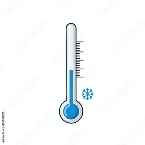 A blue liquid thermometer beside a snowflake indicates cold temperatures