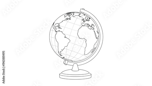 Minimalist line drawing of a world globe on its stand for educational geography and international travel concepts.