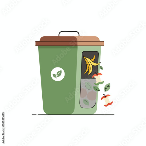 Green bin with compostable waste bananas, apples, leaves, and other organic matter