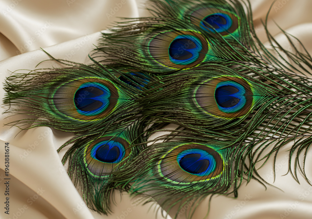 Fototapeta premium Peacock feathers on beige satin