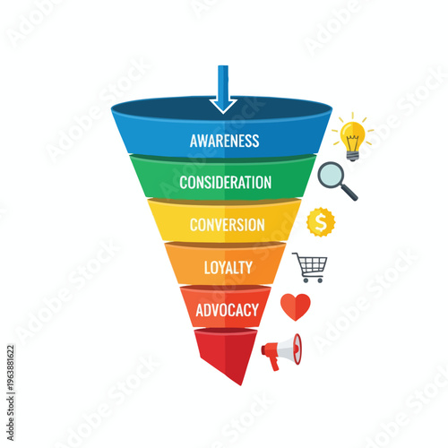 Sales funnel stages Awareness, Consideration, Conversion, Loyalty, Advocacy