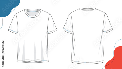 White t-shirt technical fashion sketch showing front and back views for garment design and printing templates.