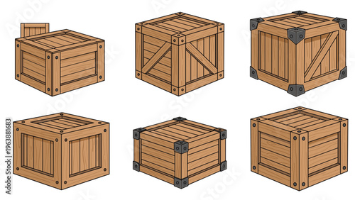 Collection of wooden shipping crates and storage boxes shown from different angles for cargo and logistics concepts.