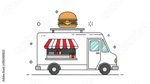 Modern burger food truck illustration with a large hamburger sign on the roof for street food and catering business.