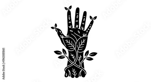 A black hand with leaves growing from the fingers and wrist, symbolizing growth and harmony with nature.