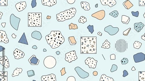 Geometric terrazzo pattern background with various organic shapes in blue beige and gray tones for modern design.