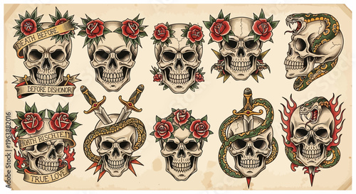 Set of Traditional Tattoo Style Skull Illustrations with Flowers Snakes and Daggers