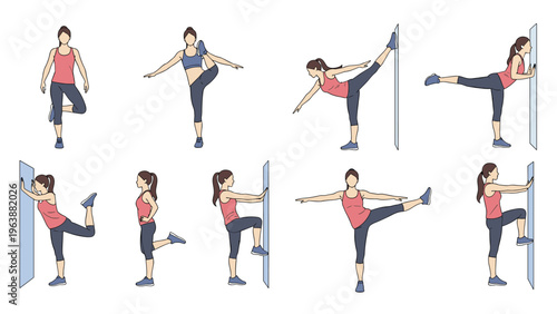 Informative illustration showing different leg stretching and strengthening exercises performed against a wall.