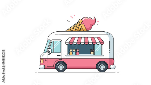 Charming pink and white ice cream truck illustration with a large cone sign for summer treat and mobile vending themes.