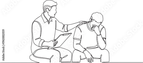Professional therapist providing comfort and mental health support to a depressed young man in a hand drawn vector illustration