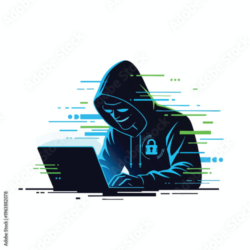 Anonymous figure in a hooded jacket using a laptop, surrounded by digital data streams
