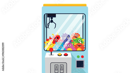 Fun illustration of an arcade claw machine filled with colorful monster plushies for gaming and entertainment themes.