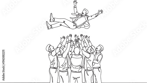 Team members throwing their boss in the air to celebrate success and victory in this hand drawn vector illustration