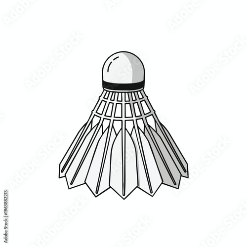 A cartoon illustration of a white badminton shuttlecock with a black band