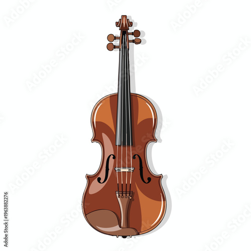 A vintage wooden stringed instrument with four strings and ornate f-holes