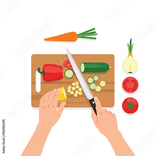 Hands chopping vegetables on a wooden board with a knife and various ingredients