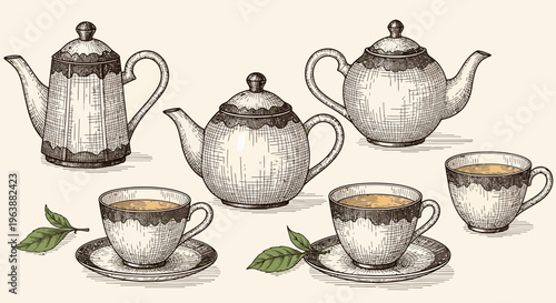 Hand Drawn Vintage Tea Set Illustration with Teapots and Cups