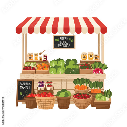 A vibrant farmer's market stall overflowing with colorful produce and jars of preserves