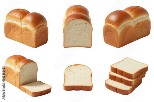 Various types of sliced and unsliced bread loaf white bread isolated on a transparent background