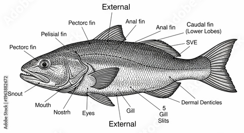Anatomical Diagram of Fish Anatomy with Labeled Parts