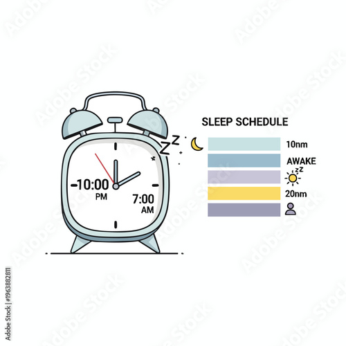 Alarm clock with schedule indicating 10pm bedtime & 7am wake time