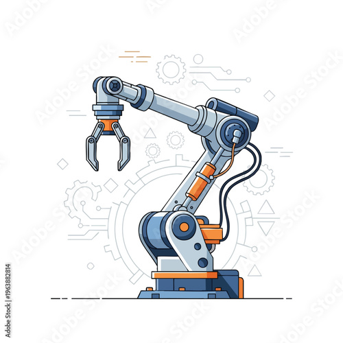 A robotic arm with a gripper, set against a backdrop of technical blueprints