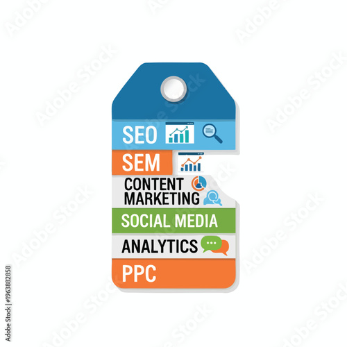 Digital marketing services presented as tag sections SEO, SEM, content, social media, analytics, PPC