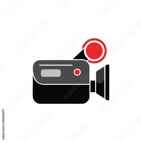 A minimalist graphic representation of a vintage video camera with red accents
