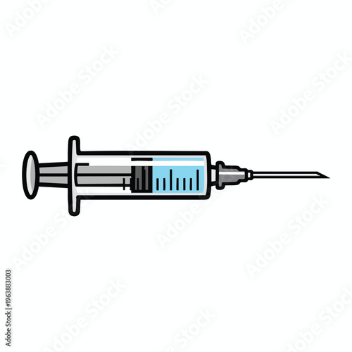 Simplified illustration of a medical syringe filled with light blue liquid and a sharp needle