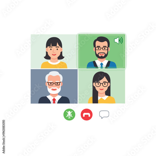 Video conference screen displays four participants with call controls