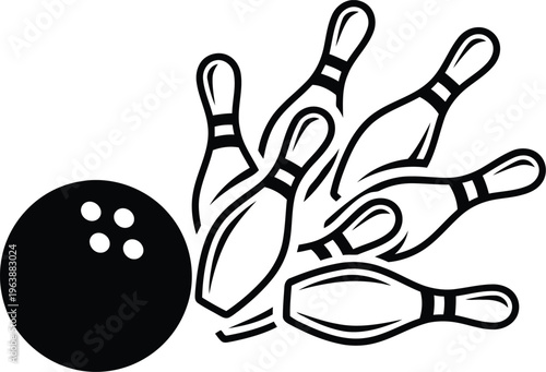 A black and white graphic illustration of a bowling ball knocking down a set of pins