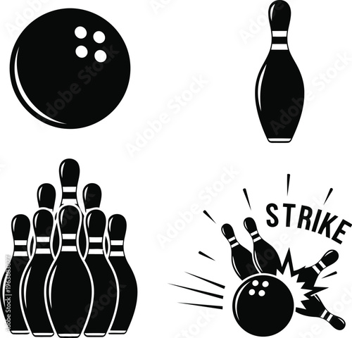 Black and white bowling icons set featuring ball pin group and strike action