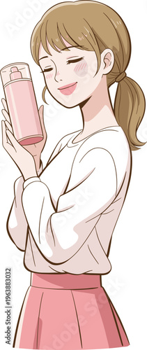 Beautiful young woman holding skincare toner bottle, cosmetic beauty routine illustration, healthy glowing skin care concept for cosmetic product advertising