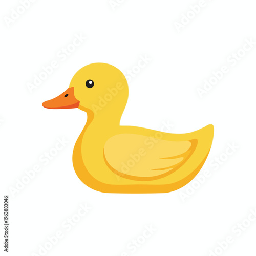 A bright yellow toy duck with an orange beak and eye, floating on white