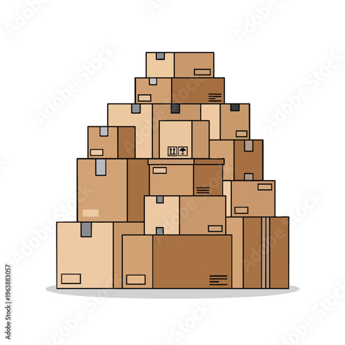 A tall, unstable stack of cardboard boxes, with varied shapes and sizes