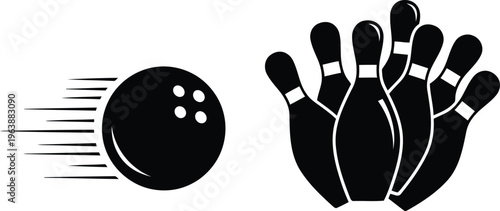 Bowling ball moving fast towards a set of bowling pins in a minimalist black and white icon