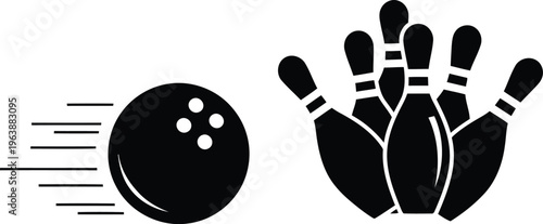 Bowling ball rolling towards a set of pins, black and white sports icon vector illustration.