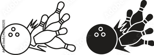 Bowling ball hitting a set of pins icon in outline and solid black styles isolated on white.