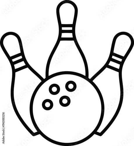 Minimalist line art icon of a bowling ball and three pins for sports design projects.