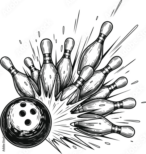 Hand drawn illustration of a bowling ball hitting pins for a perfect strike.