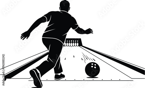 Black and white silhouette of a male bowler releasing a bowling ball down a lane towards the pins.