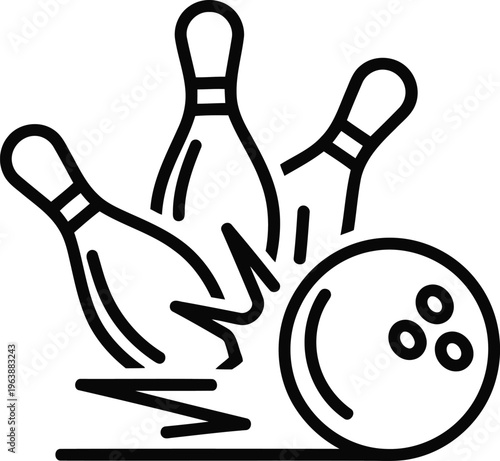 Bowling ball hitting and knocking down pins icon isolated on white background for sports design.