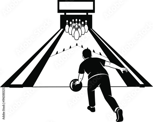 Illustration of a male bowler in action on a lane aiming for a strike at the bowling alley