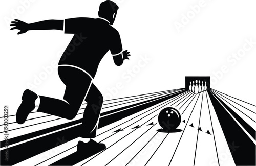Silhouette of a male bowler releasing a bowling ball down a professional lane towards pins.