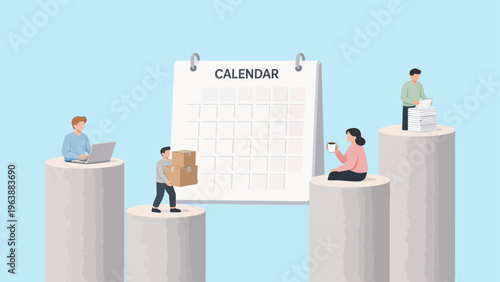People working around calendar